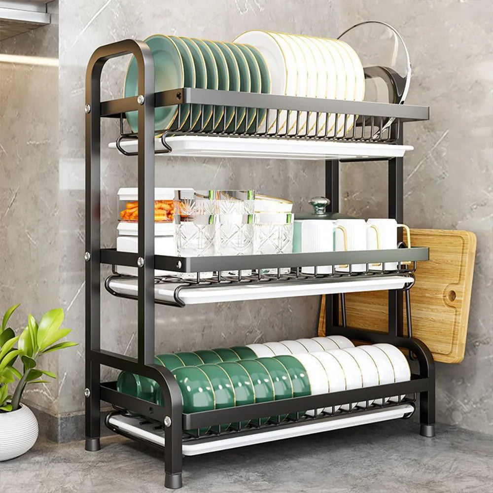 Kitchen Dish Drying Rack 3-Tier Drainboard Set Large Rust-Proof Drainer with Utensil Holder