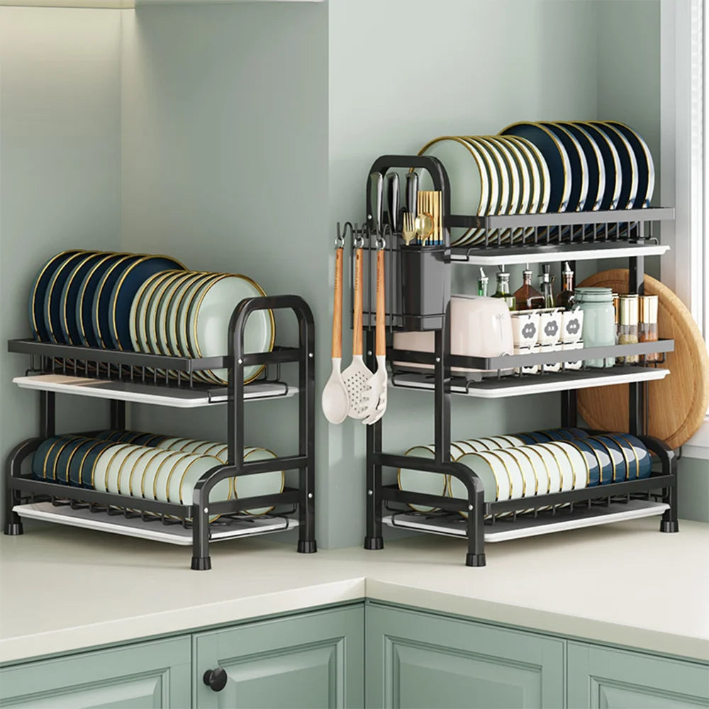 Kitchen Dish Drying Rack 3-Tier Drainboard Set Large Rust-Proof Drainer with Utensil Holder