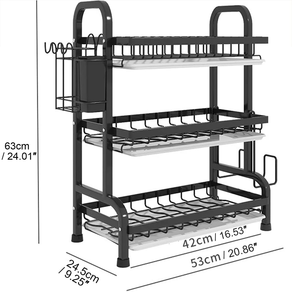 Kitchen Dish Drying Rack 3-Tier Drainboard Set Large Rust-Proof Drainer with Utensil Holder