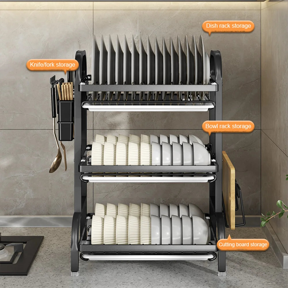 Kitchen Dish Drying Rack 3-Tier Drainboard Set Large Rust-Proof Drainer with Utensil Holder