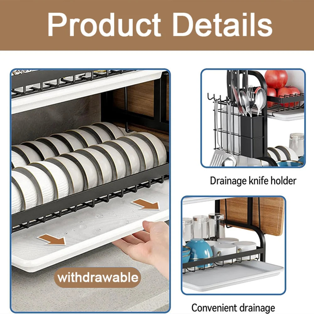 Kitchen Dish Drying Rack 3-Tier Drainboard Set Large Rust-Proof Drainer with Utensil Holder