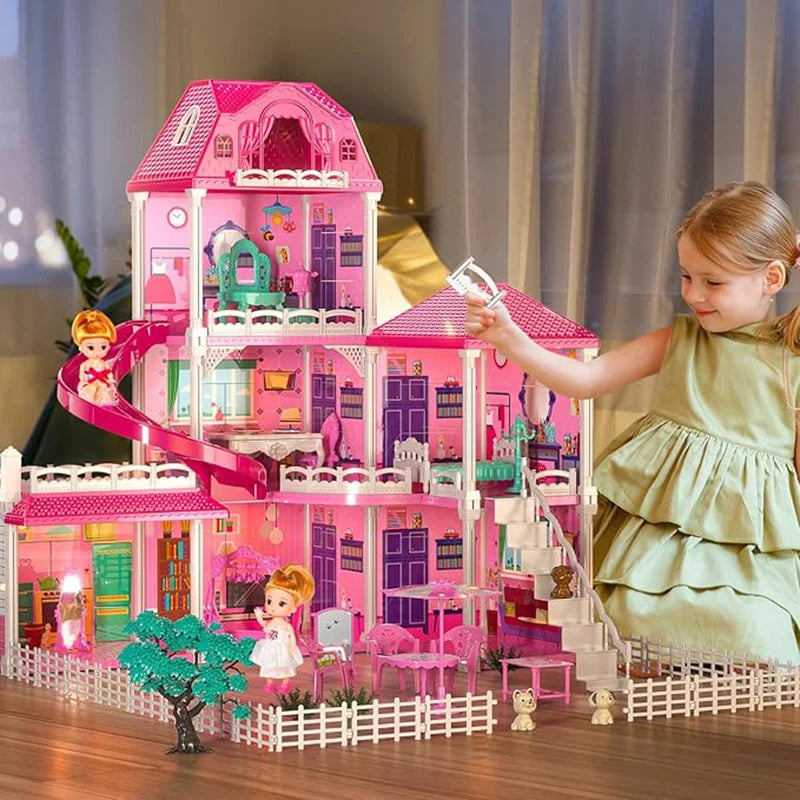 TEMI Villa Toys For 3-8 Girls. 3 Storeys, 6 Rooms. Playset With 2 Dolls & Accessories. Pretend Play, Building Toys, Gift.