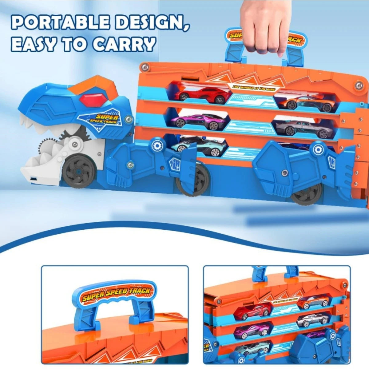 Dinosaur Transport Truck Car Toy 2 in 1 Folding Track with Sound, Portable Truck with 8 Race Cars