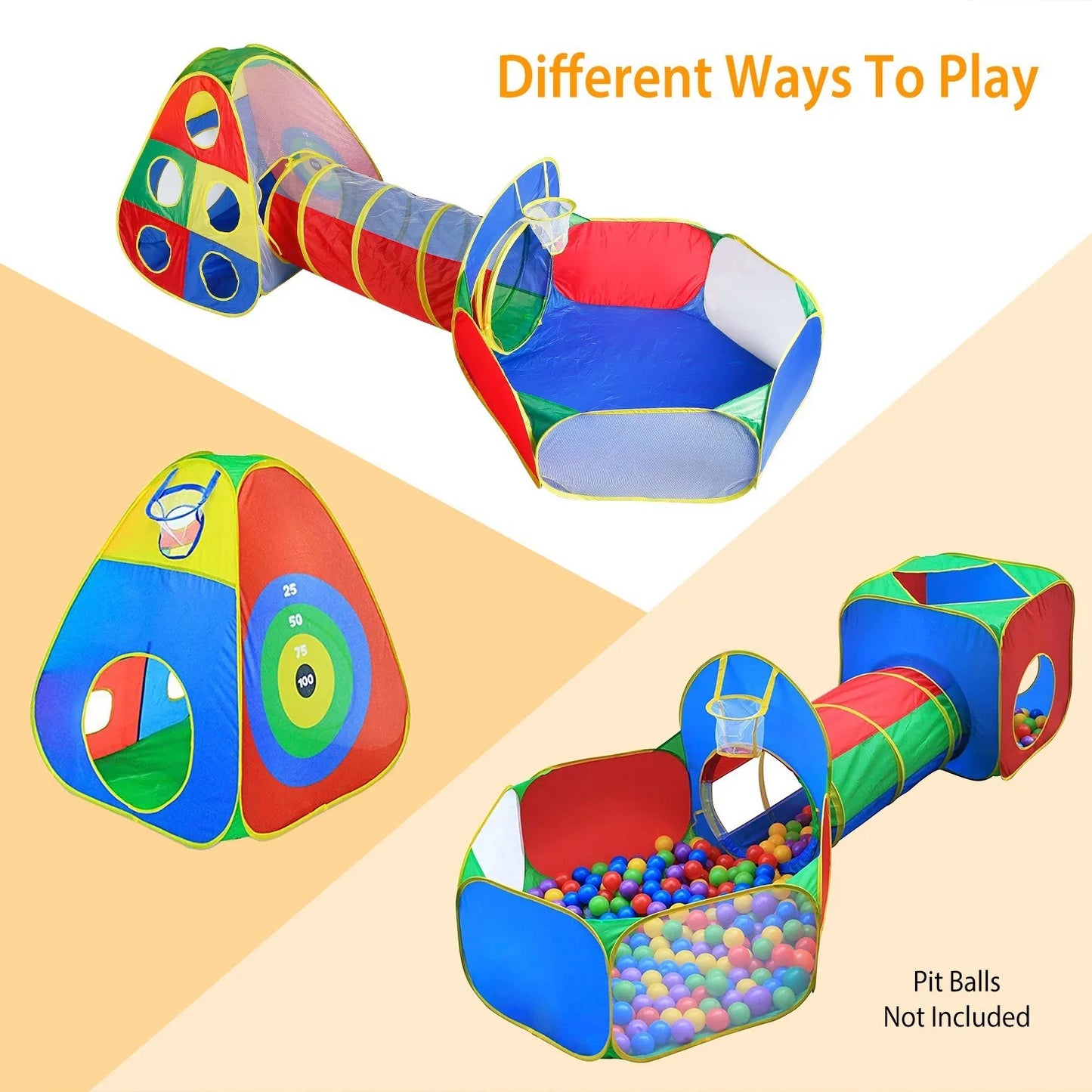 5Pcs Kids Ball Pit Tents Pop Up Playhouse w/ 2 Crawl Tunnel