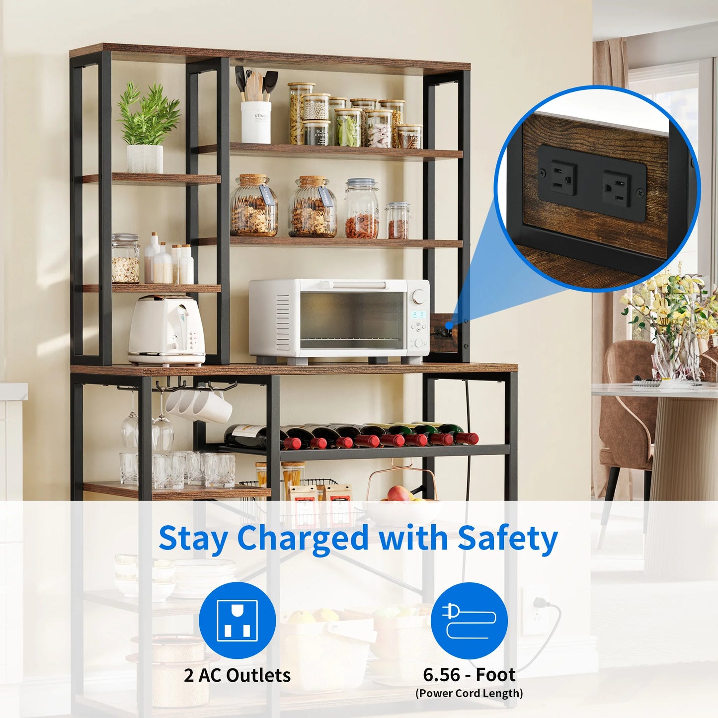 6-Tier Kitchen Bakers Rack with Power Outlet Microwave Stand Coffee Bar