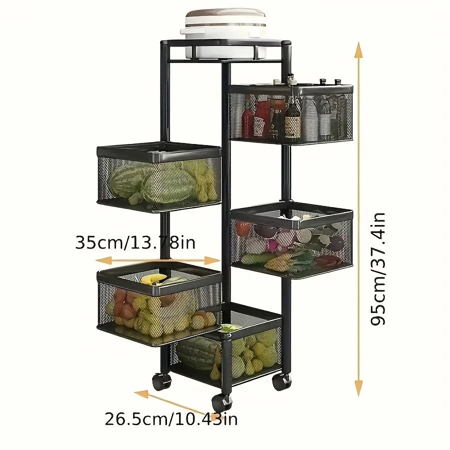 Rotating Kitchen/ Bath Storage Shelf 5 Tier, Metal Basket Multi-Layer Vegetable Rack Storage Trolley on Wheels