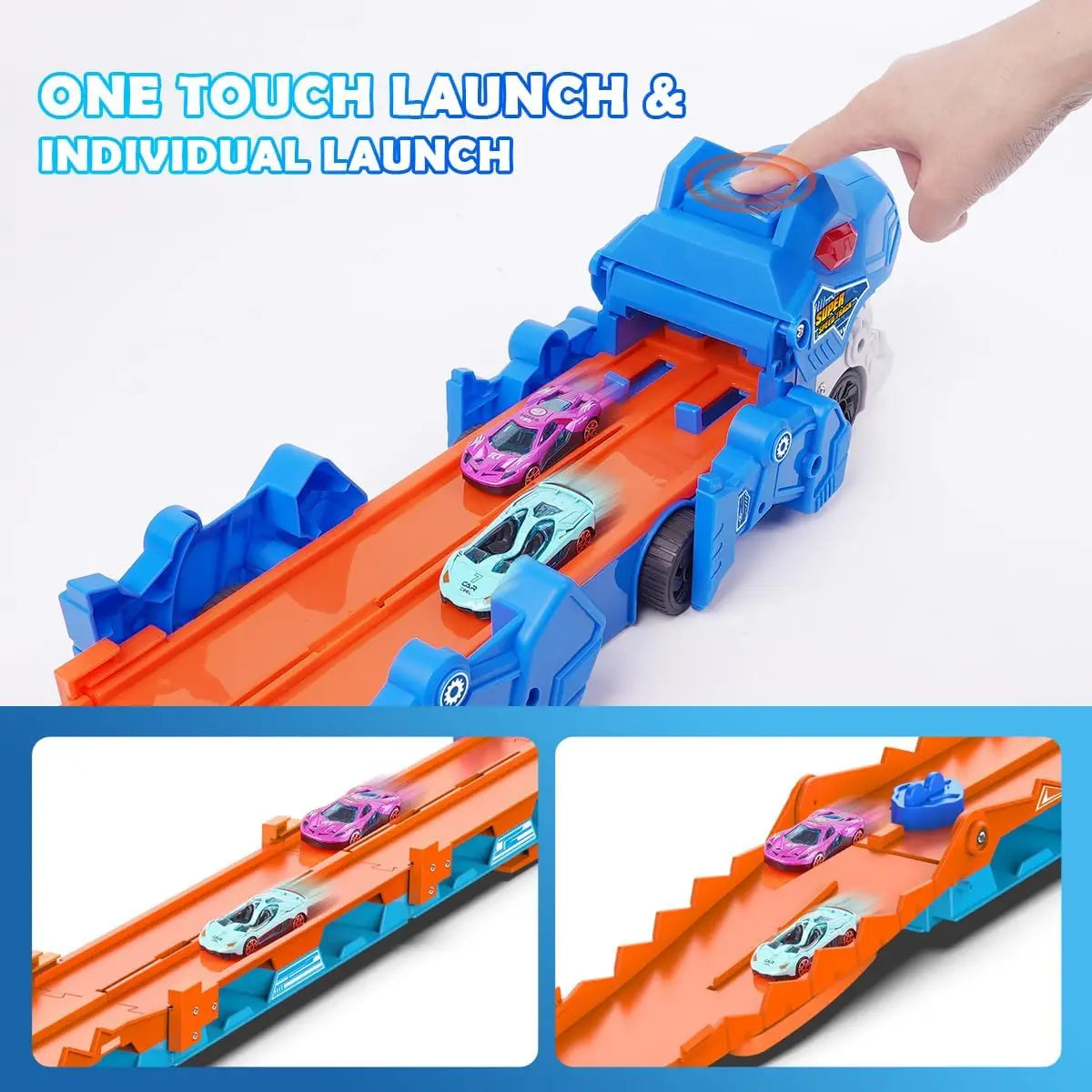 Dinosaur Transport Truck Car Toy 2 in 1 Folding Track with Sound, Portable Truck with 8 Race Cars