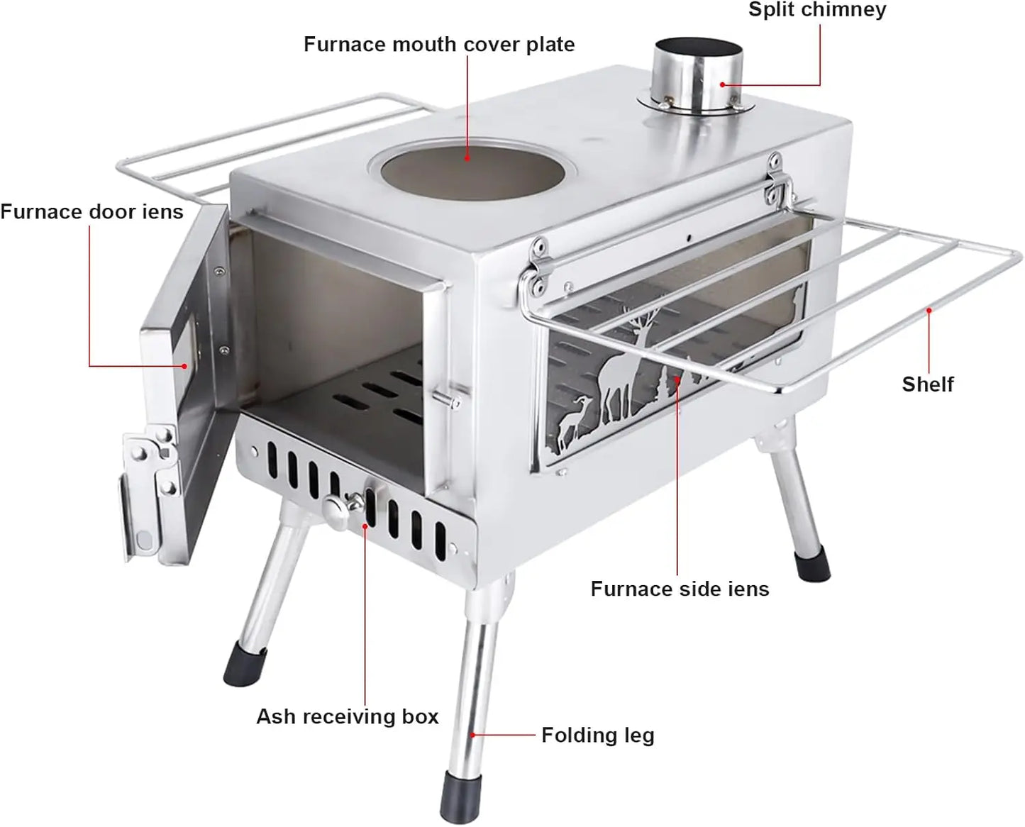 Portable Wood Burn Stove Stainless Steel Firewood Stove With Chimney Pipe for Outdoor Cooking