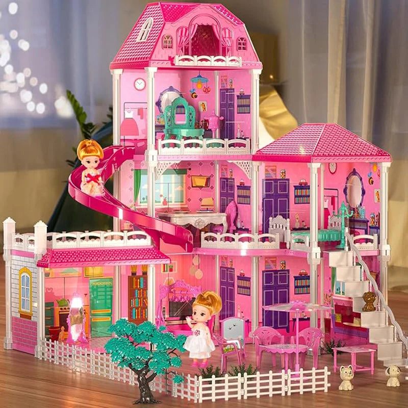 TEMI Villa Toys For 3-8 Girls. 3 Storeys, 6 Rooms. Playset With 2 Dolls & Accessories. Pretend Play, Building Toys, Gift.