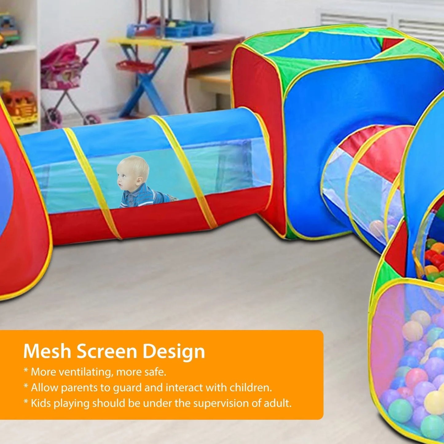 5Pcs Kids Ball Pit Tents Pop Up Playhouse w/ 2 Crawl Tunnel