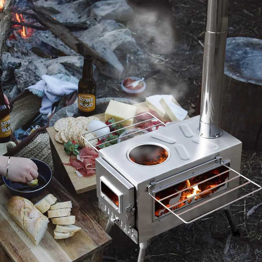 Portable Wood Burn Stove Stainless Steel Firewood Stove With Chimney Pipe for Outdoor Cooking