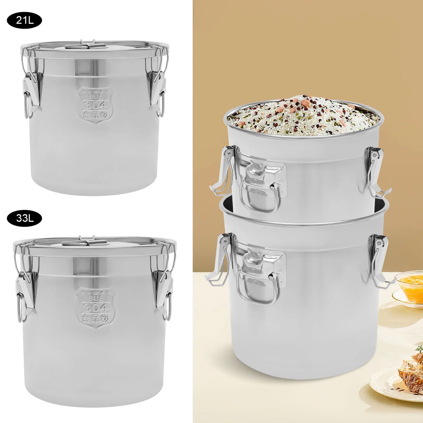 304 Stainless Steel 21L/33L Airtight Canister Household Kitchen Food Grain Rice Sealed Storage Bucket Food-grade Container