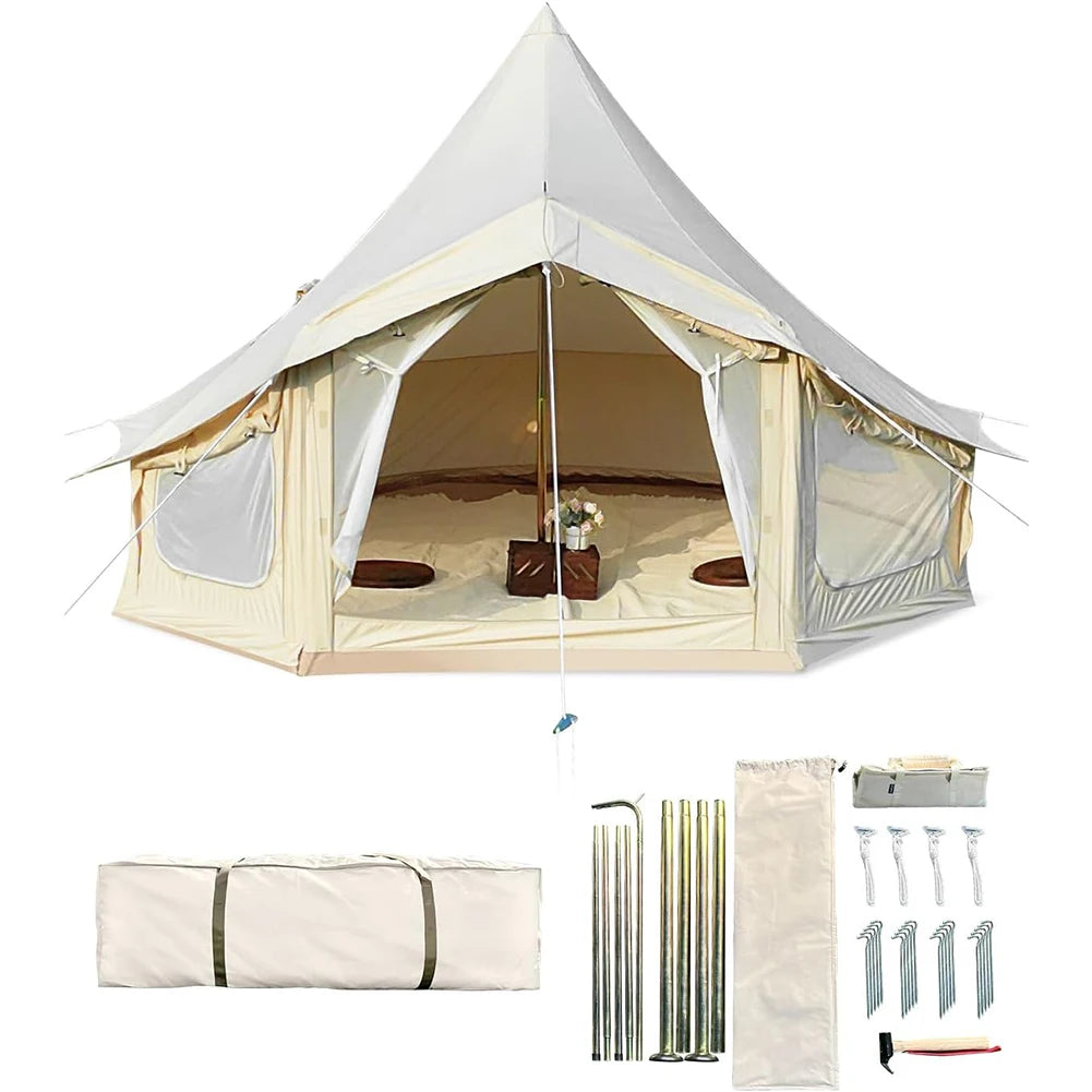Canvas Yurt Tent with Stove Jack,Large Family Camping with Mesh Zippers Windows,Breathable Waterproof Bell