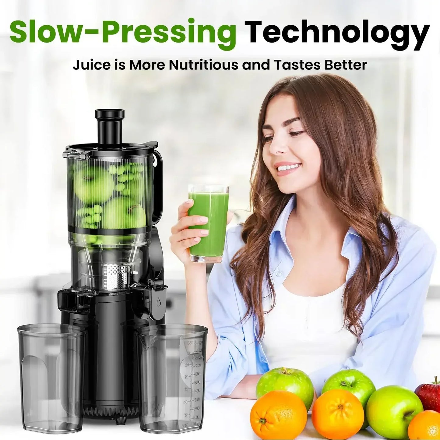 Cold Press Juicer, Slow Masticating Machines with 5.3" Extra Large Feed Chute Fit Whole Fruits & Vegetables Easy Clean