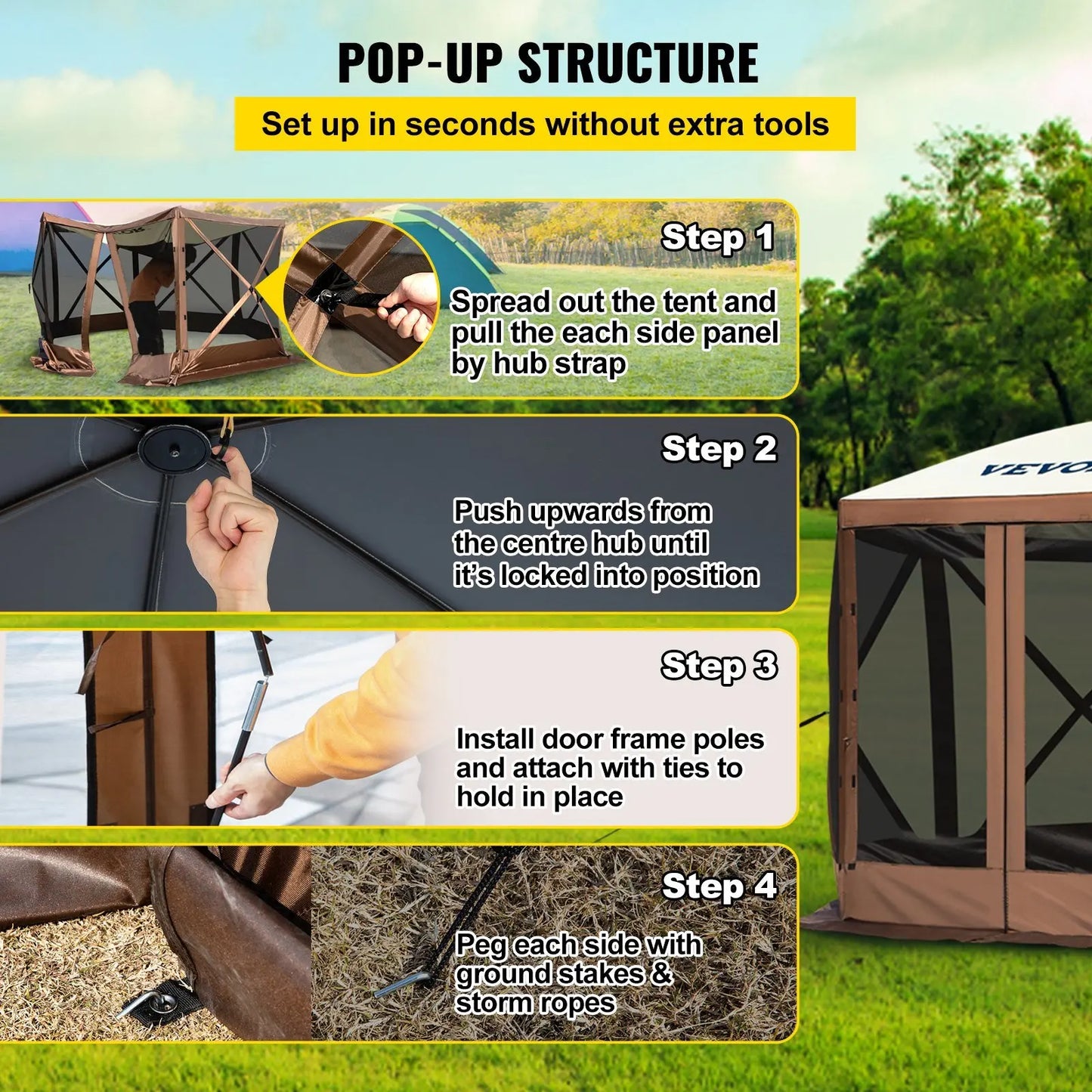 Waterproof Screen Shelter w/Portable Storage Bag 8 Person Pop-up Canopy Screen Tent 10'x10' Camping Gazebo Tent