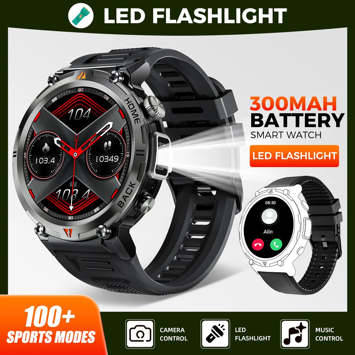 Bluetooth Call Smart Watch Men Full Touch Screen Health Monitor Clock With Flashlight Men For IOS Android