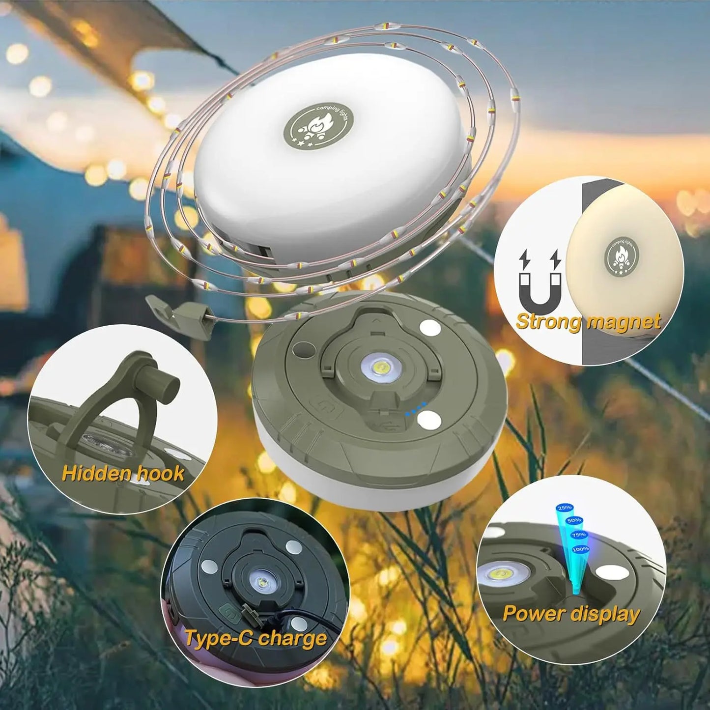 Rechargeable Camping String Light LED USB Rechargeable Magnetic 8 Modes Outdoor String Lamp
