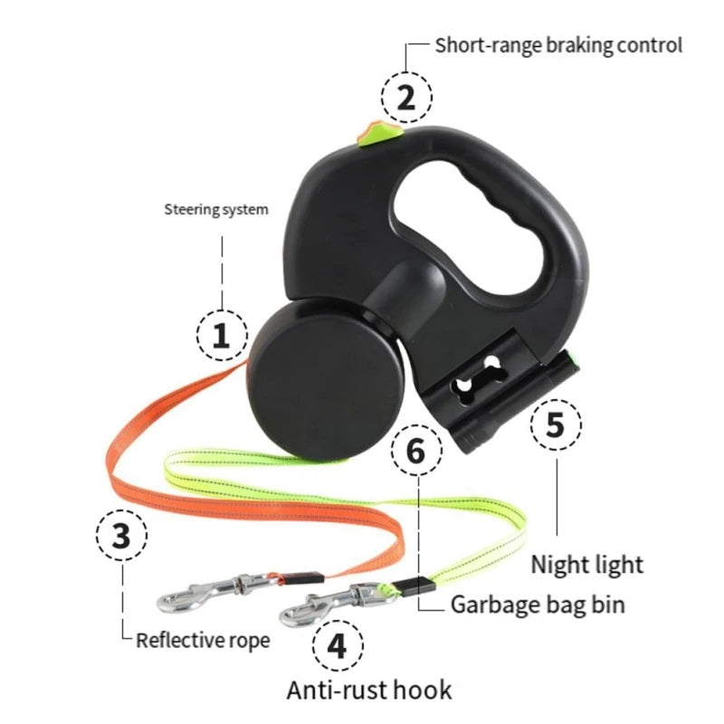 Self-retracting leash with LED light, dog walker with 360° swivel double-ended leash, separate brake with 3 m reflective leash