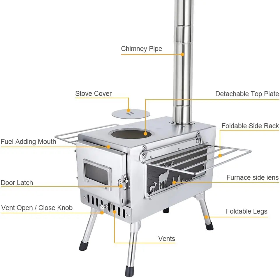 Portable Wood Burn Stove Stainless Steel Firewood Stove With Chimney Pipe for Outdoor Cooking
