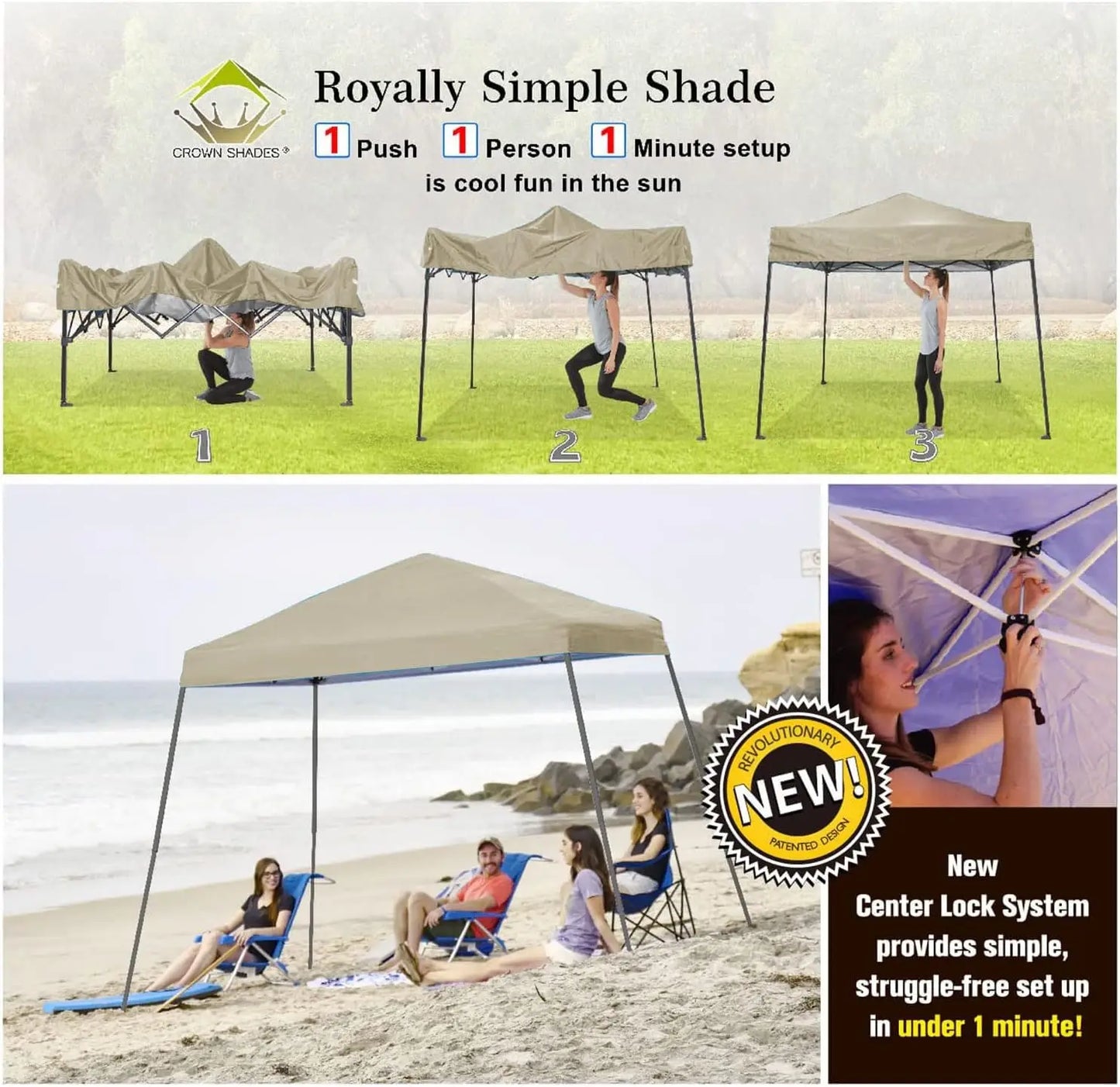 6.5x6.5 Pop Up Canopy Tent, Slant Leg with Carry Bag, Beach Tent, Sports Shelter(Beige)