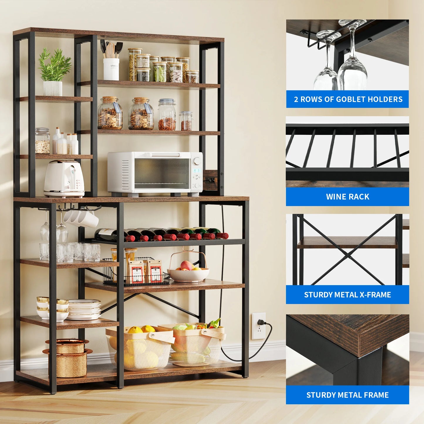 6-Tier Kitchen Bakers Rack with Power Outlet Microwave Stand Coffee Bar