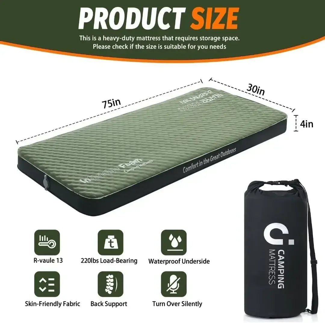 Camping Mattress 4 Ultra-Thick Self Inflating Sleeping Pad with Pump Sack with Memory Foam Sleeping Mat for Camping Cot