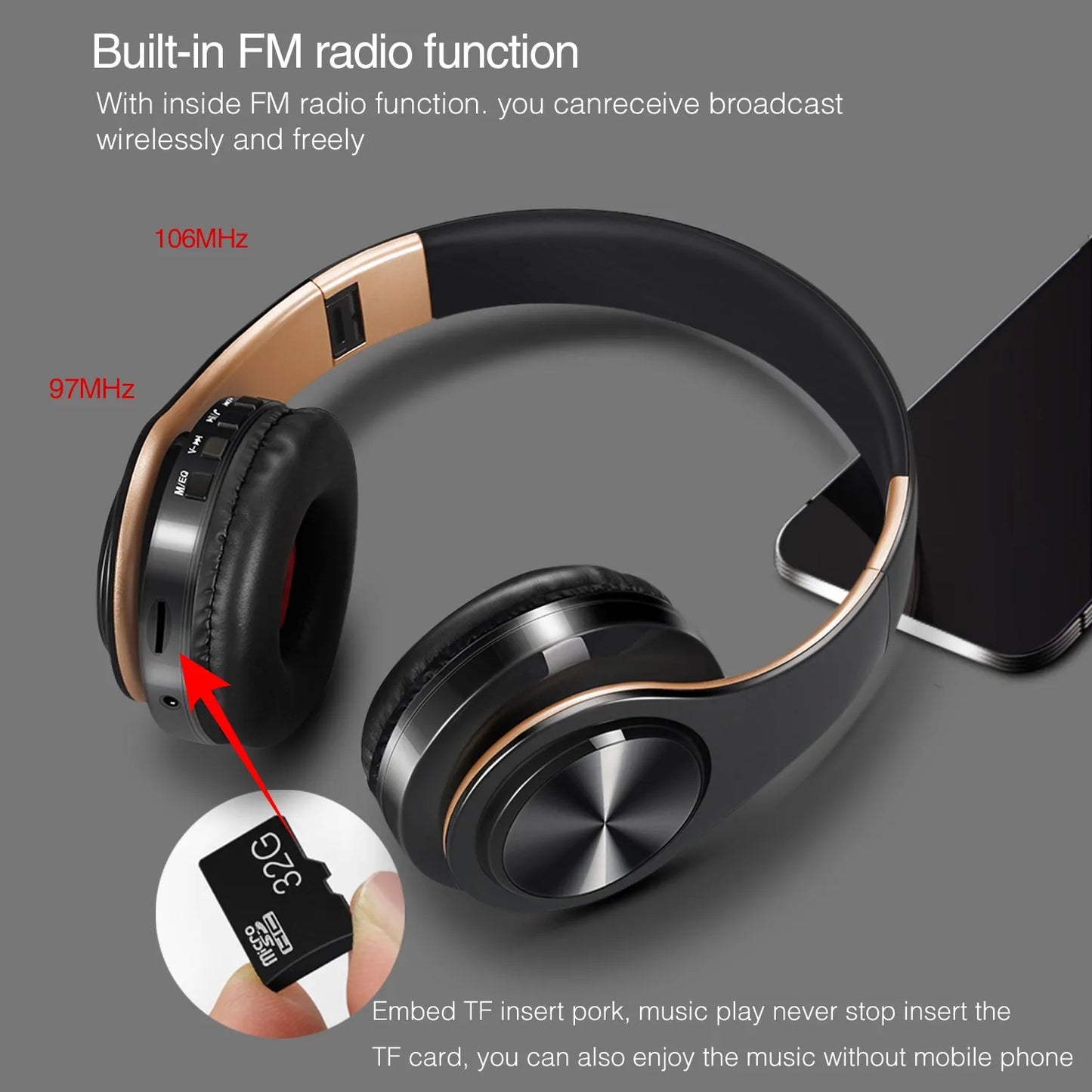 HIFI Stereo Earphones Bluetooth Headphone and Support SD Card with Mic