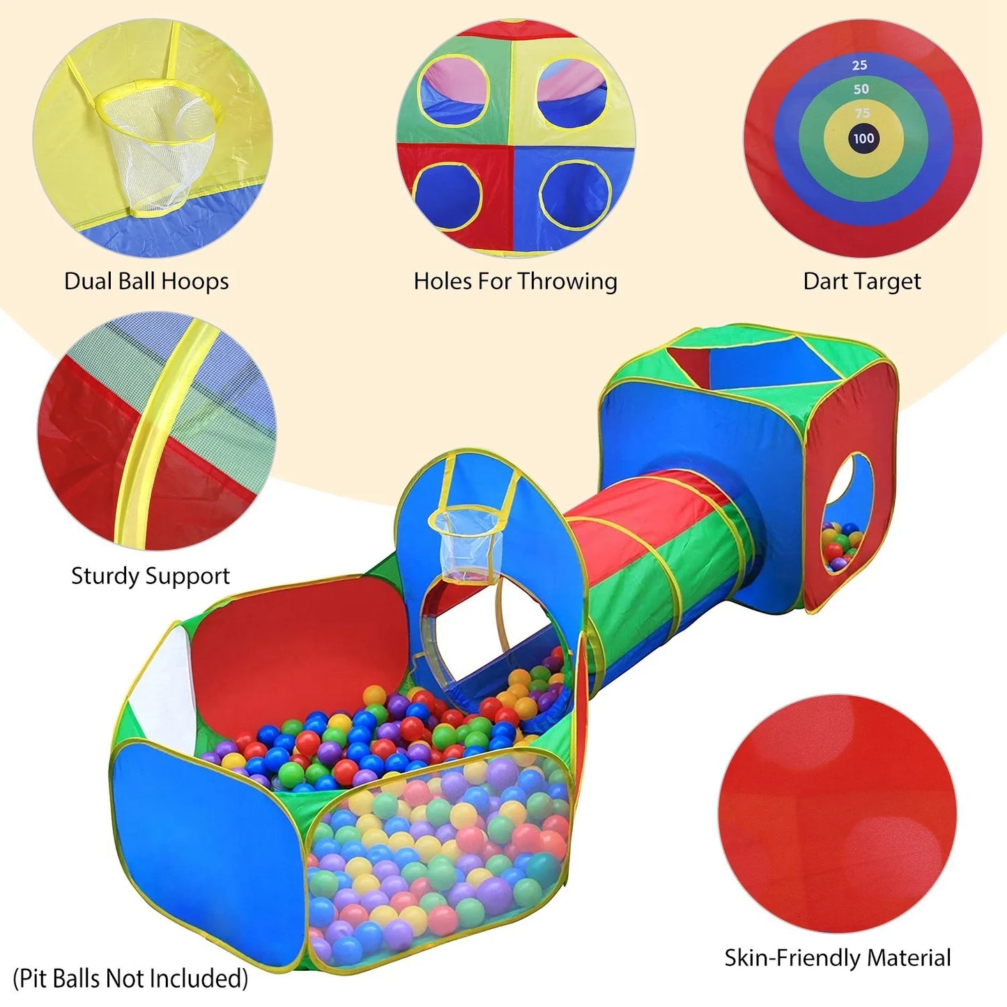 5Pcs Kids Ball Pit Tents Pop Up Playhouse w/ 2 Crawl Tunnel