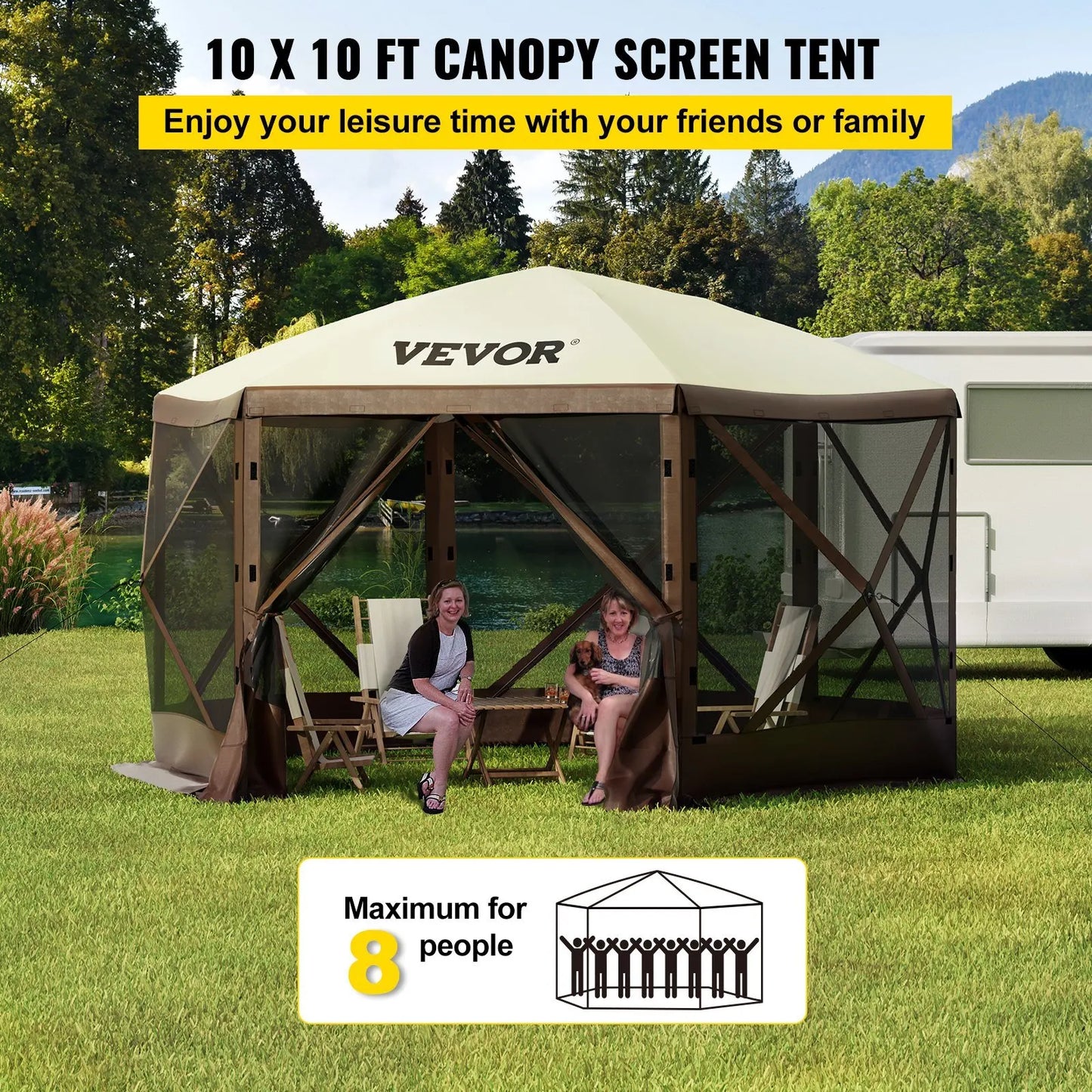 Waterproof Screen Shelter w/Portable Storage Bag 8 Person Pop-up Canopy Screen Tent 10'x10' Camping Gazebo Tent