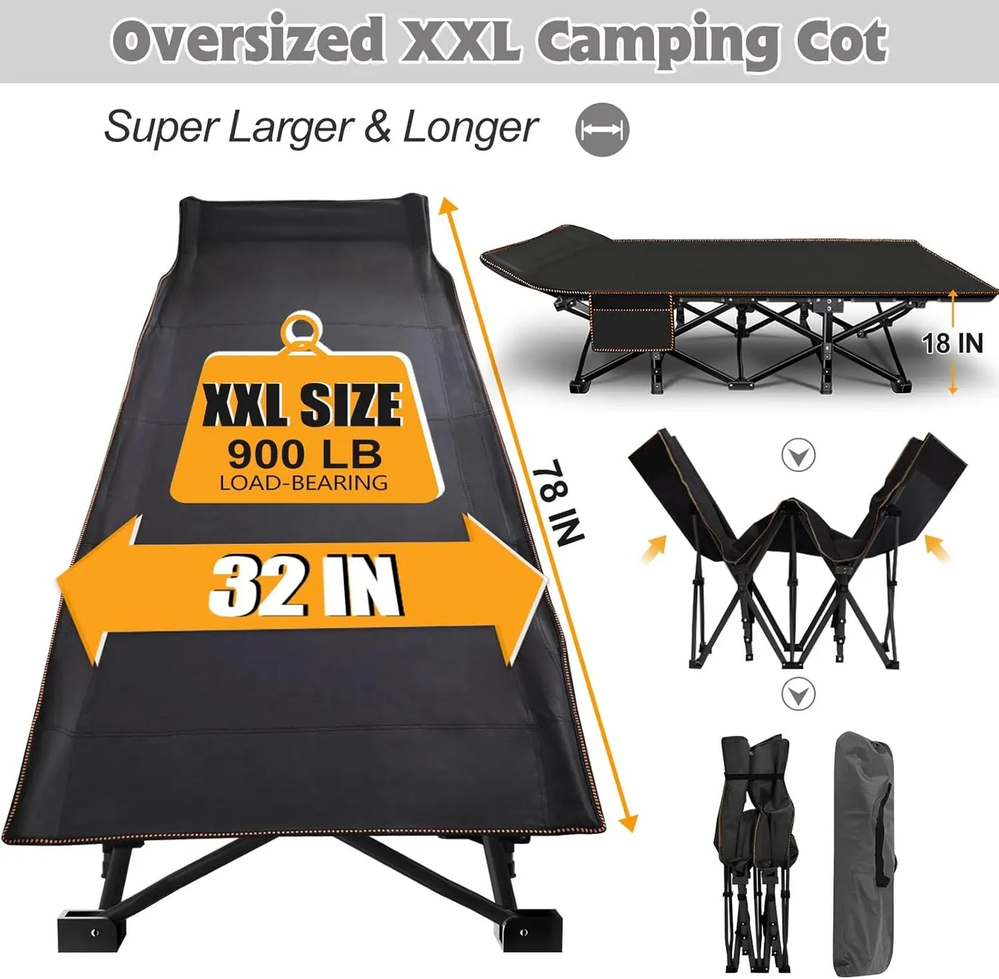 2Pack Oversized XXL Folding Camping Cot W/Mat for Adults, 78" L x 32" W x 18" H Heavy Duty Outdoor Bed with Carry Bag,120