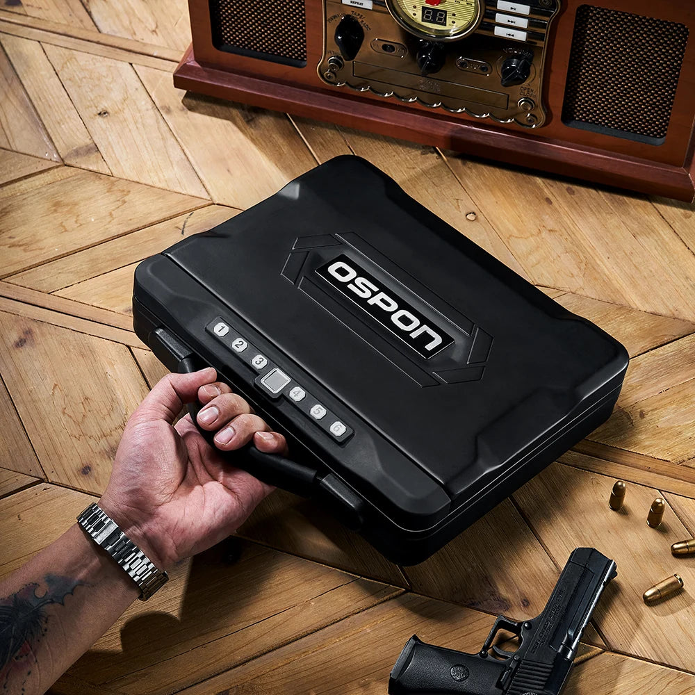 Biometric Gun Safe for Handgun with Handle, Under Bed Pistol Safe with Fingerprint Lock, Super-C Key, Keypad