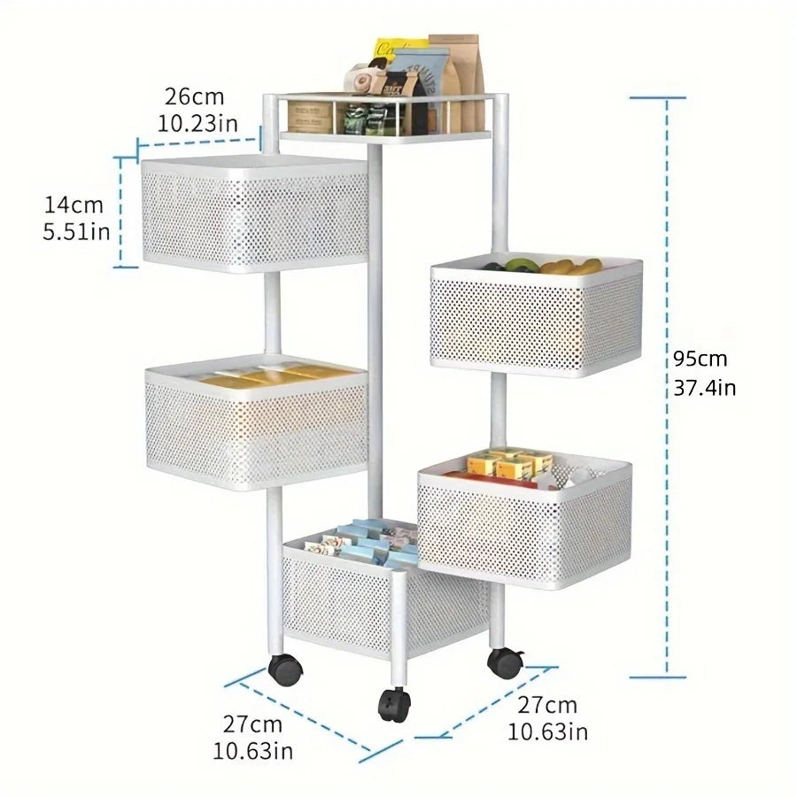 Rotating Kitchen/ Bath Storage Shelf 5 Tier, Metal Basket Multi-Layer Vegetable Rack Storage Trolley on Wheels
