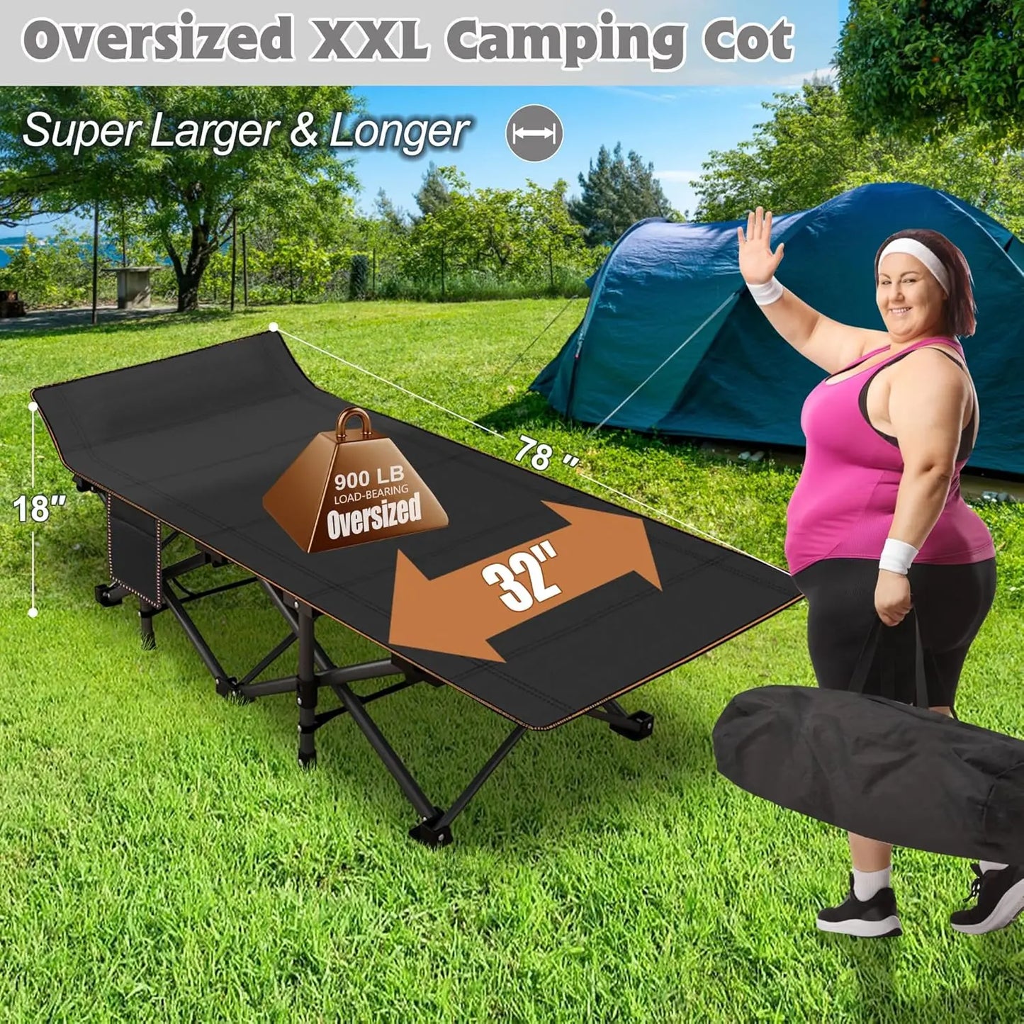 2Pack Oversized XXL Folding Camping Cot W/Mat for Adults, 78" L x 32" W x 18" H Heavy Duty Outdoor Bed with Carry Bag,120