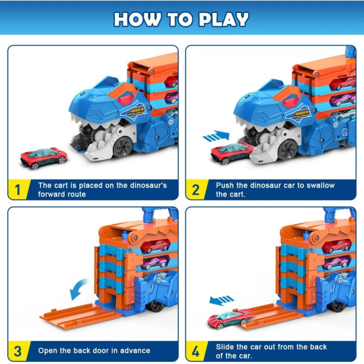 Dinosaur Transport Truck Car Toy 2 in 1 Folding Track with Sound, Portable Truck with 8 Race Cars