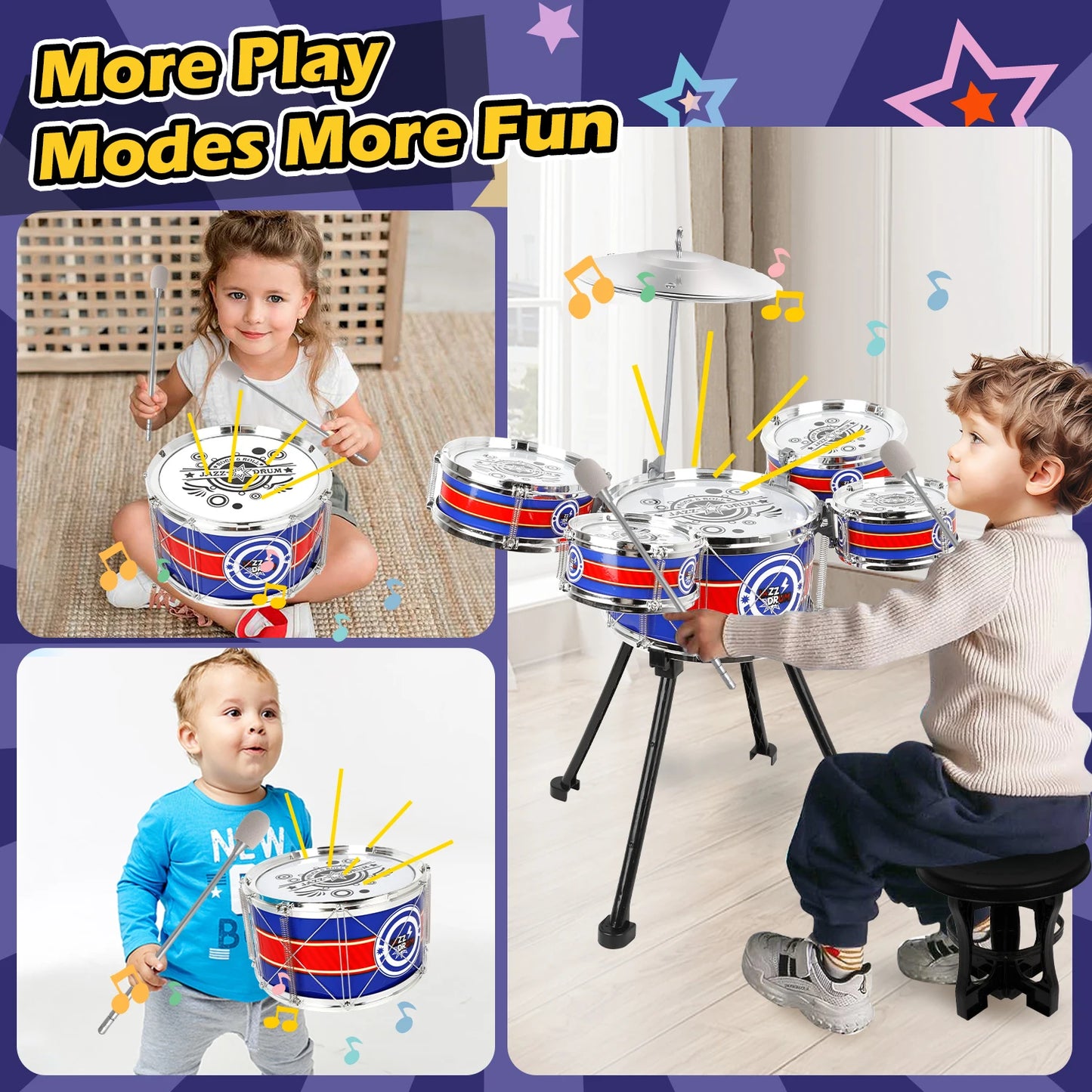 Kids Toy Drum Sets for Beginners Jazz Drum Set with Stool & 5 Drums Musical Instruments