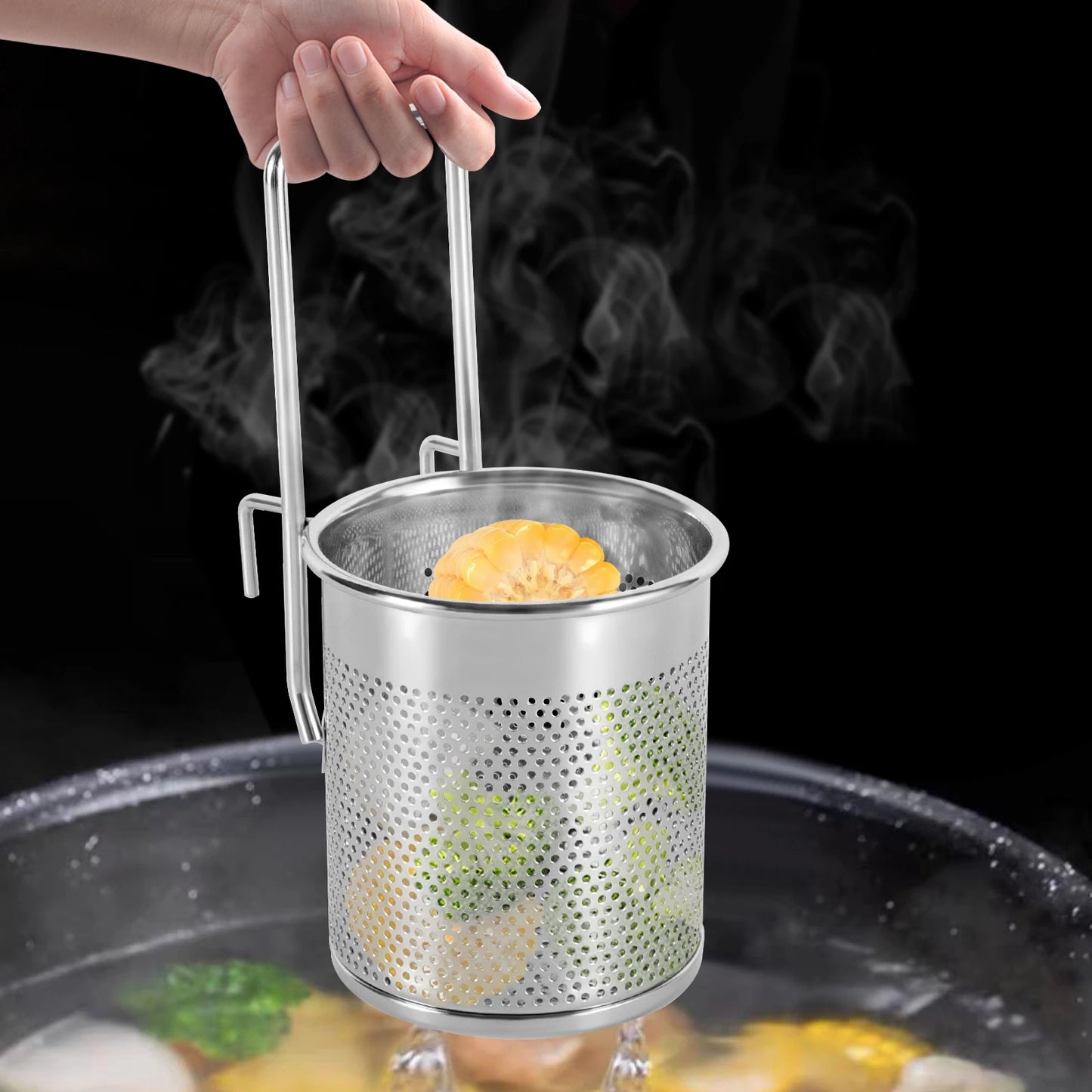 Stainless Steel Hot Pot Mesh Net Basket Hanging Noodle Strainer with Handle