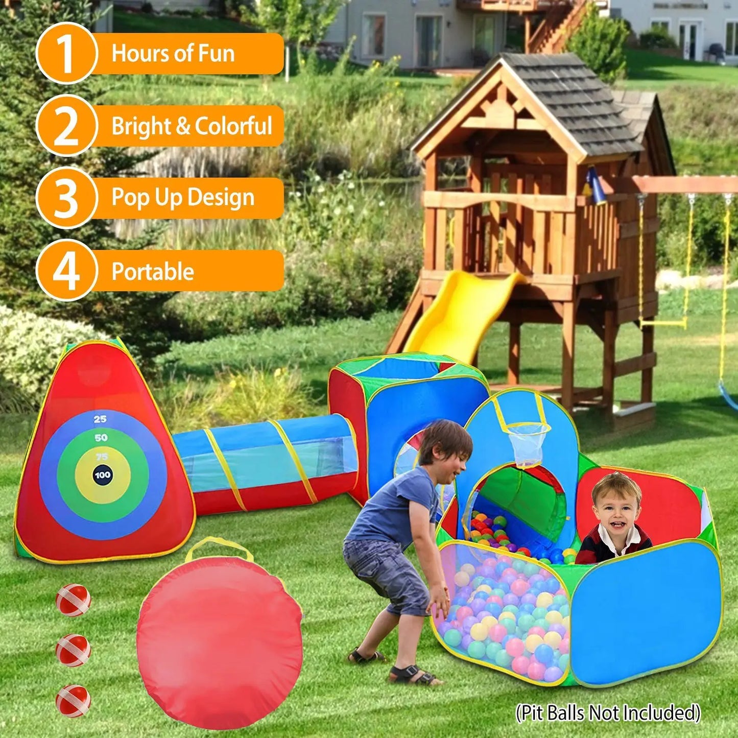 5Pcs Kids Ball Pit Tents Pop Up Playhouse w/ 2 Crawl Tunnel