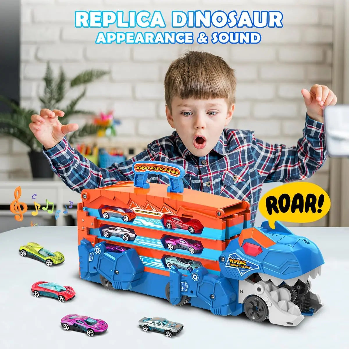 Dinosaur Transport Truck Car Toy 2 in 1 Folding Track with Sound, Portable Truck with 8 Race Cars