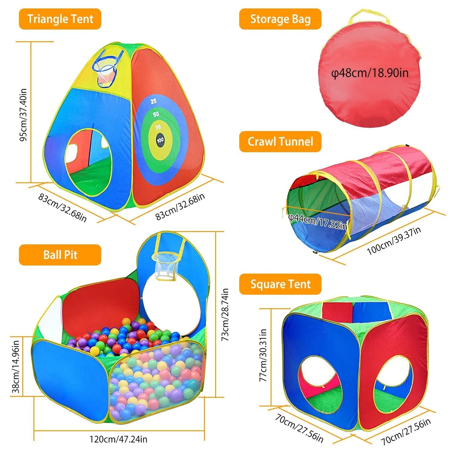 5Pcs Kids Ball Pit Tents Pop Up Playhouse w/ 2 Crawl Tunnel