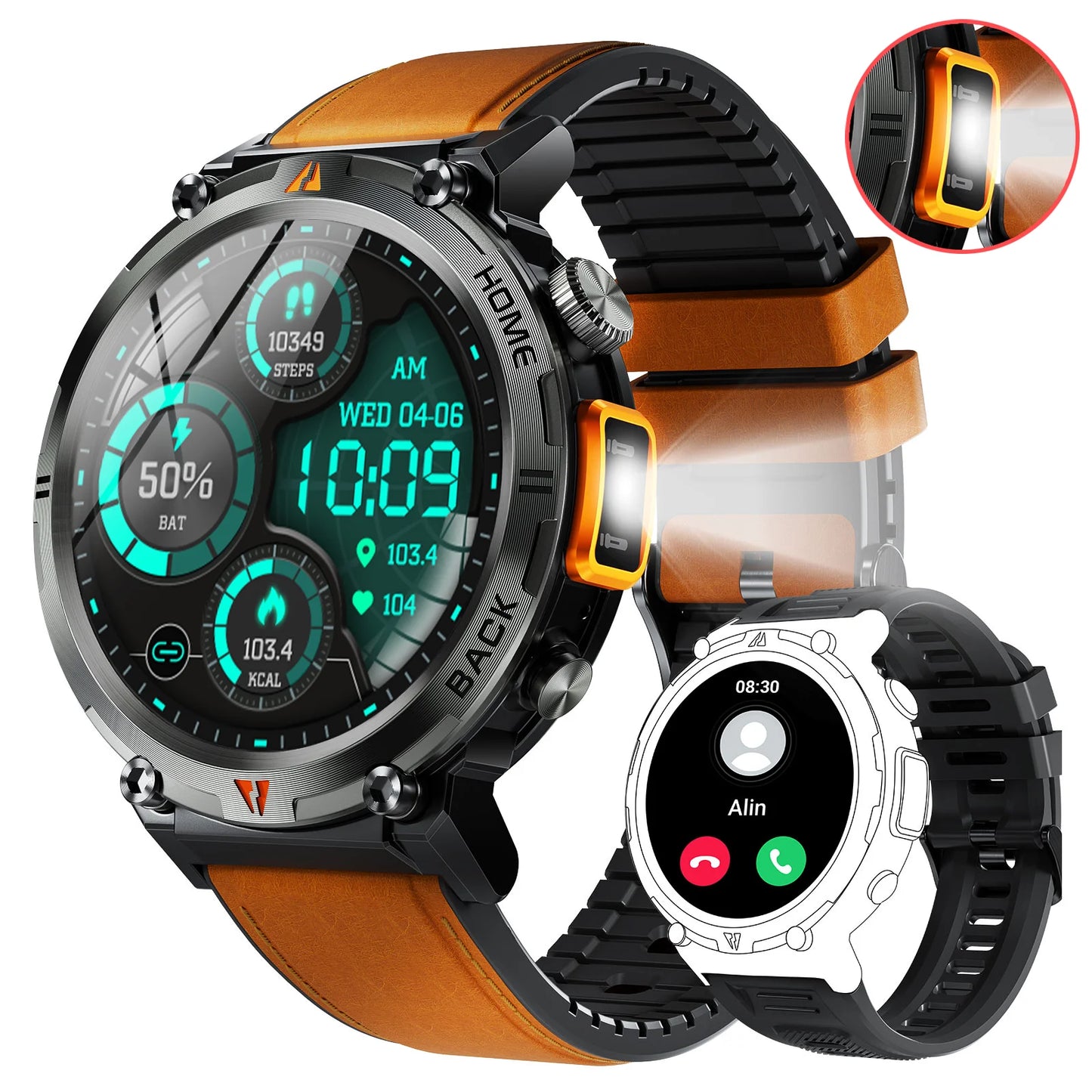 Bluetooth Call Smart Watch Men Full Touch Screen Health Monitor Clock With Flashlight Men For IOS Android