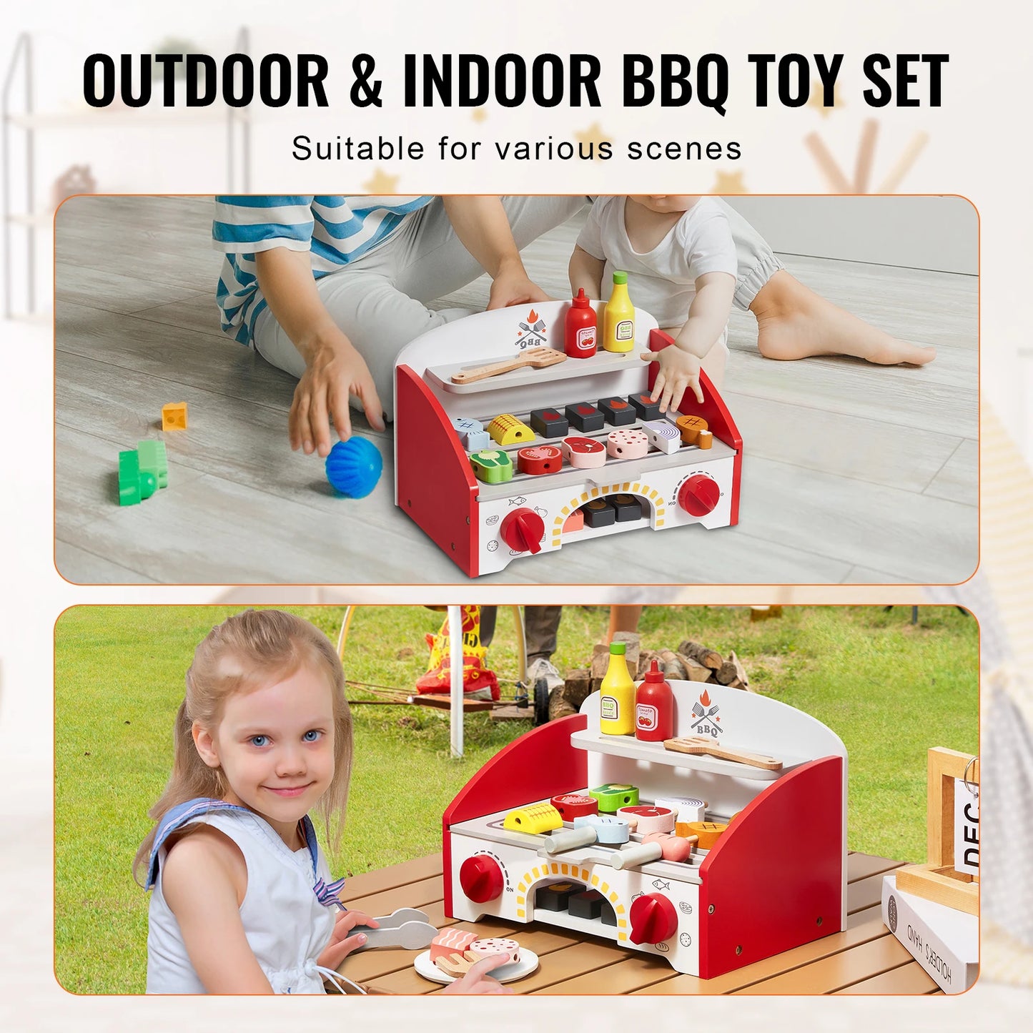 Wooden BBQ Grill Toy Set Kids Barbecue Food Playset Interactive Pretend Play Toys for Boys Girls Ages 3+ Gifts