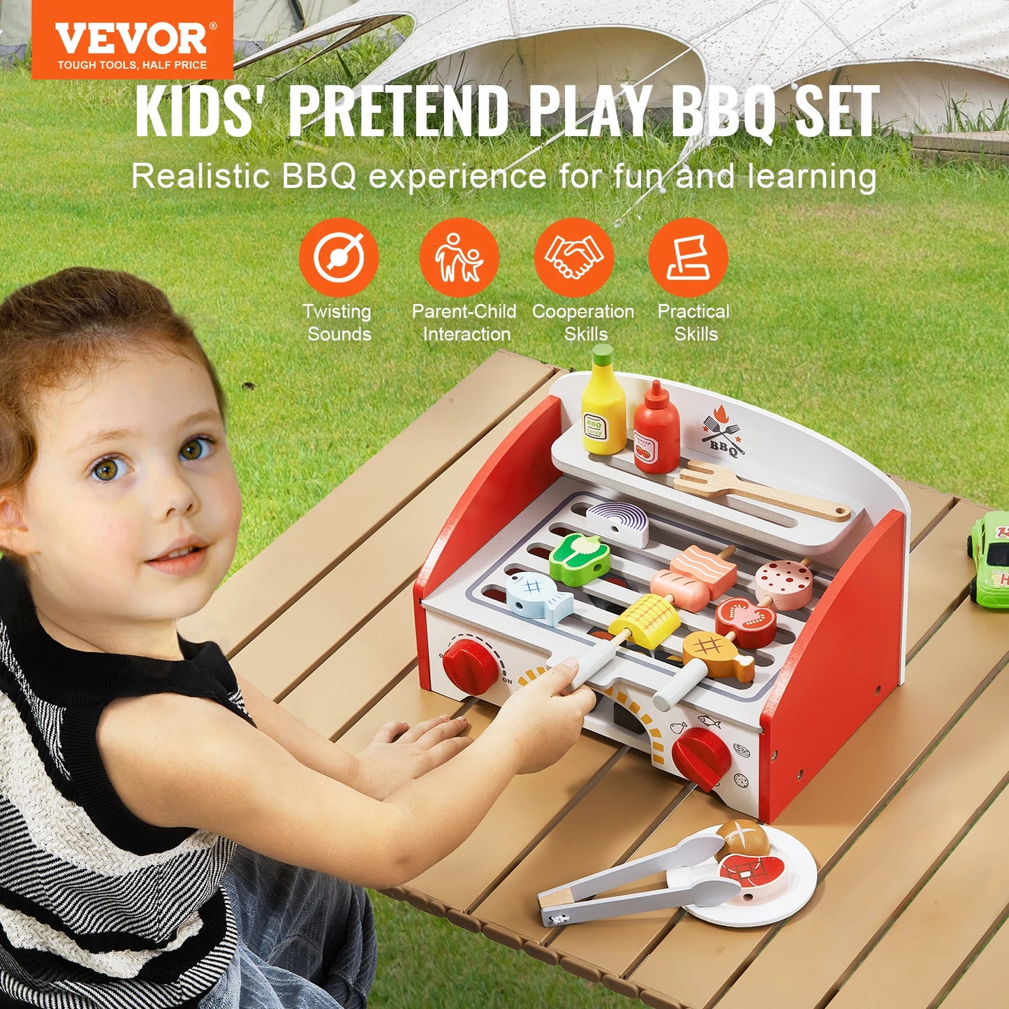 Wooden BBQ Grill Toy Set Kids Barbecue Food Playset Interactive Pretend Play Toys for Boys Girls Ages 3+ Gifts
