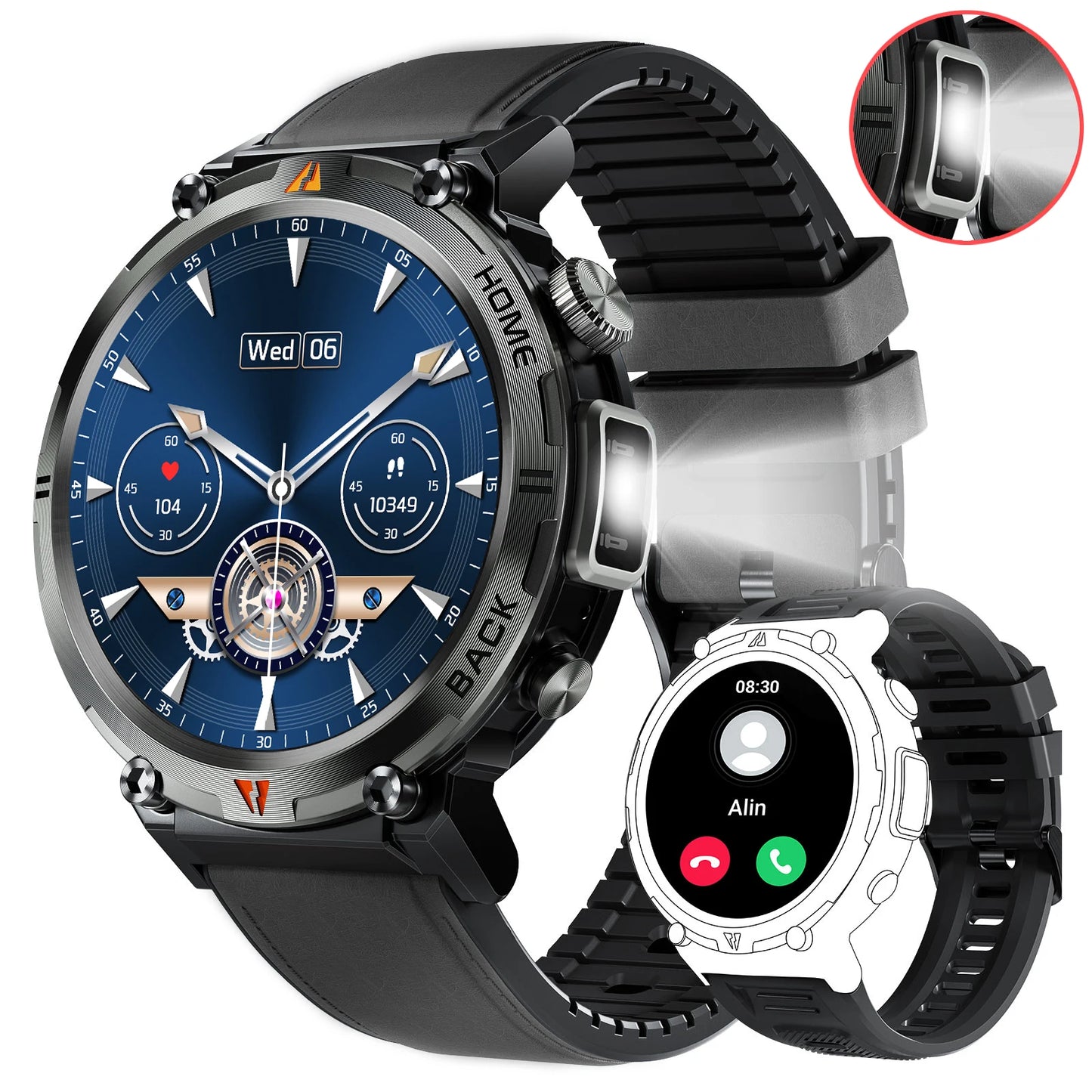 Bluetooth Call Smart Watch Men Full Touch Screen Health Monitor Clock With Flashlight Men For IOS Android