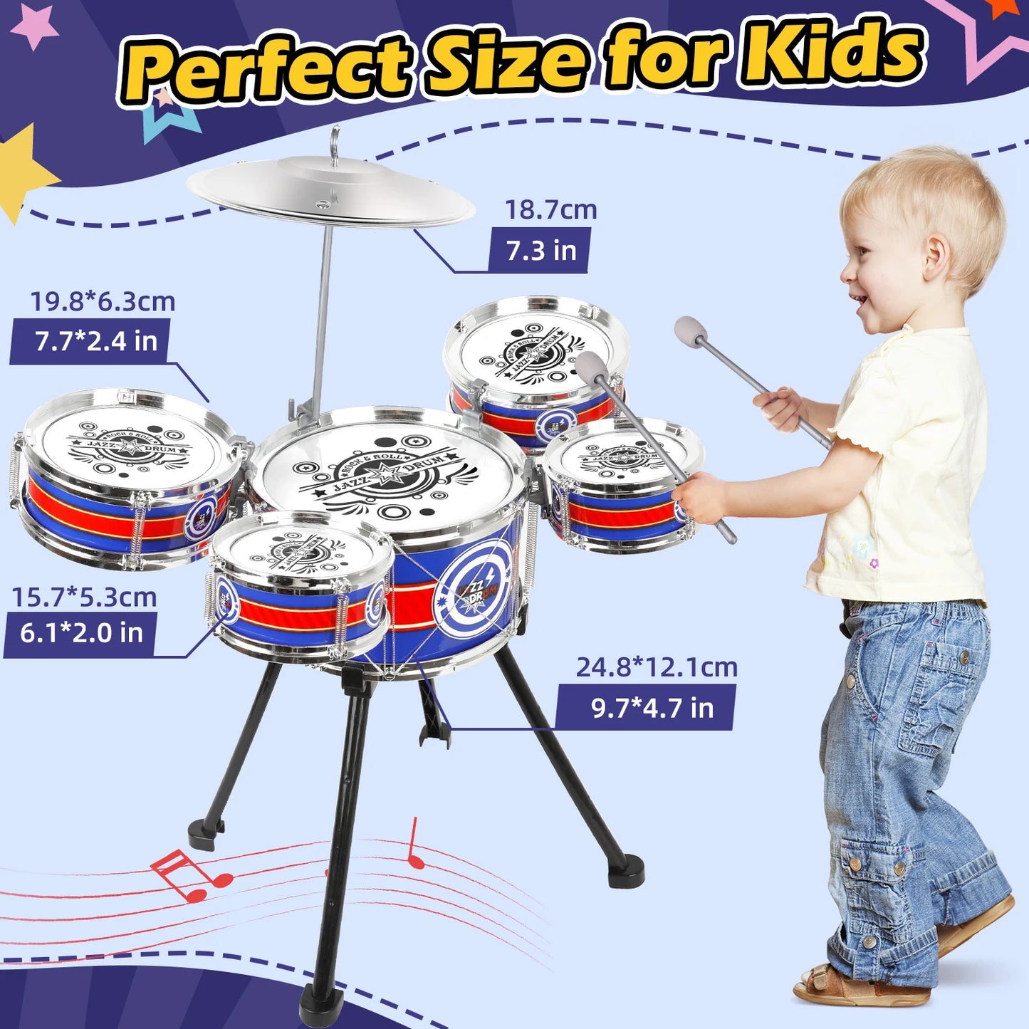 Kids Toy Drum Sets for Beginners Jazz Drum Set with Stool & 5 Drums Musical Instruments