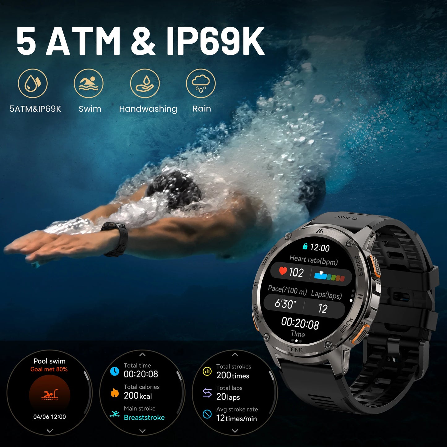 T3 Smart Watch Military Smartwatch Digital Fitness Watches AMOLED AI Voice AOD Bluetooth