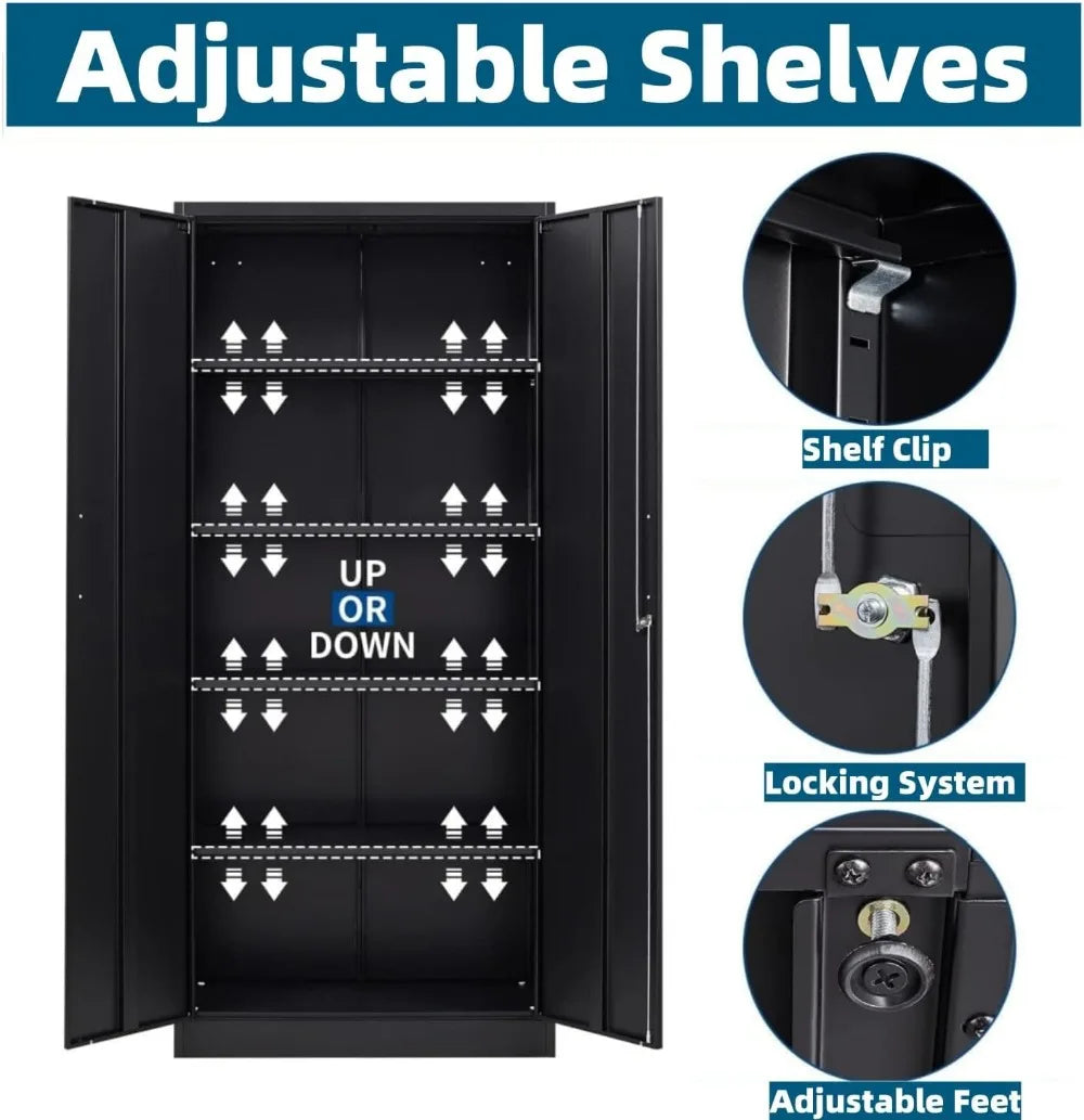 Garage Storage Cabinet with 2 Lockable Doors, Adjustable Shelves Metal Storage, Kitchen Pantry Cabinet,71'H