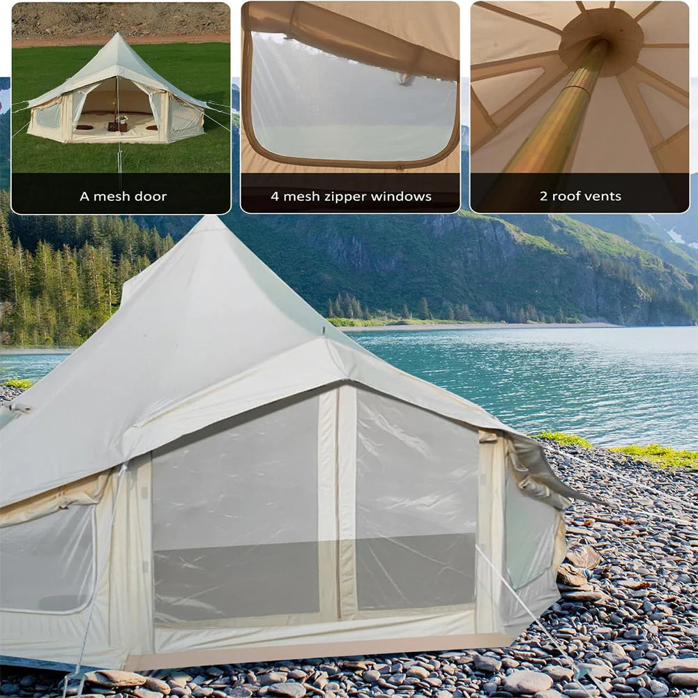 Canvas Yurt Tent with Stove Jack,Large Family Camping with Mesh Zippers Windows,Breathable Waterproof Bell