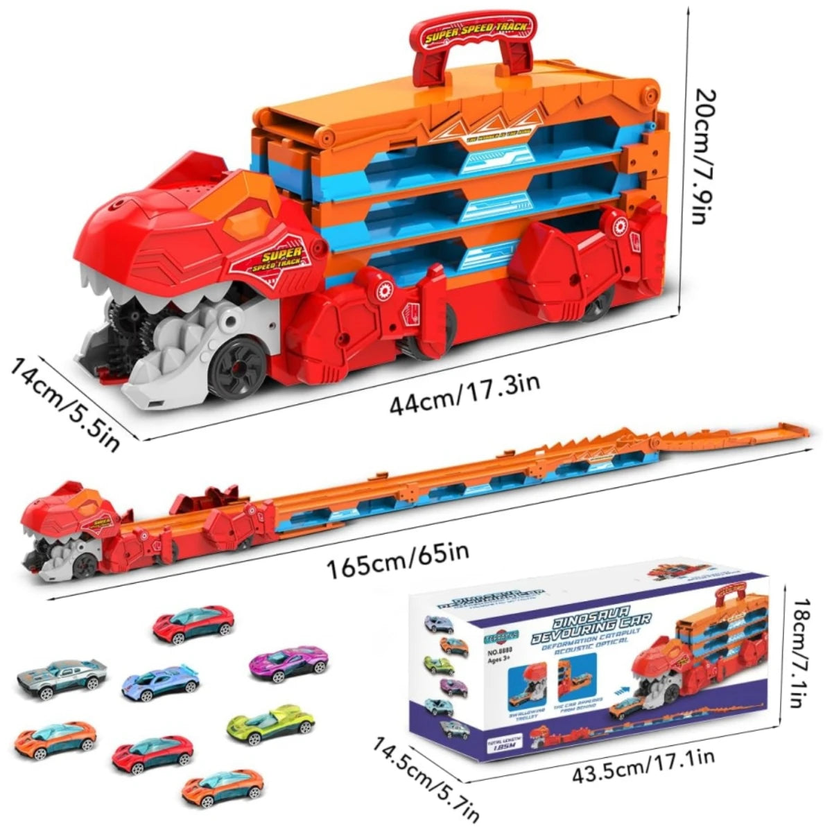Dinosaur Transport Truck Car Toy 2 in 1 Folding Track with Sound, Portable Truck with 8 Race Cars