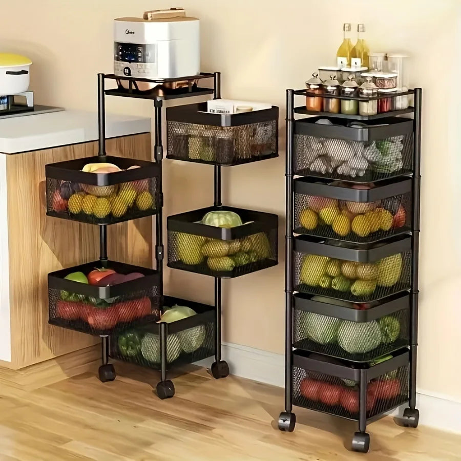 Rotating Kitchen/ Bath Storage Shelf 5 Tier, Metal Basket Multi-Layer Vegetable Rack Storage Trolley on Wheels