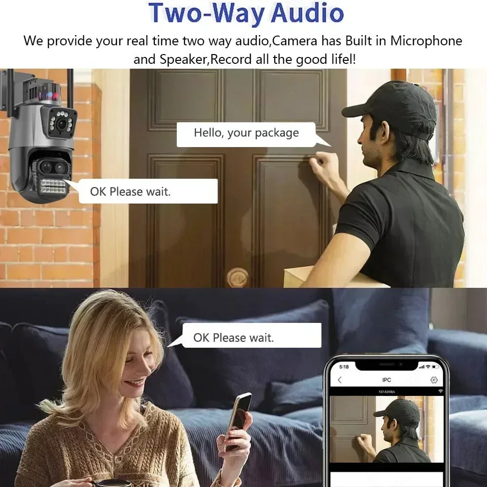 12MP 6K WiFi Camera Outdoor Three Lens Dual Screens 8X PTZ Zoom CCTV Video Auto Tracking Security Surveillance